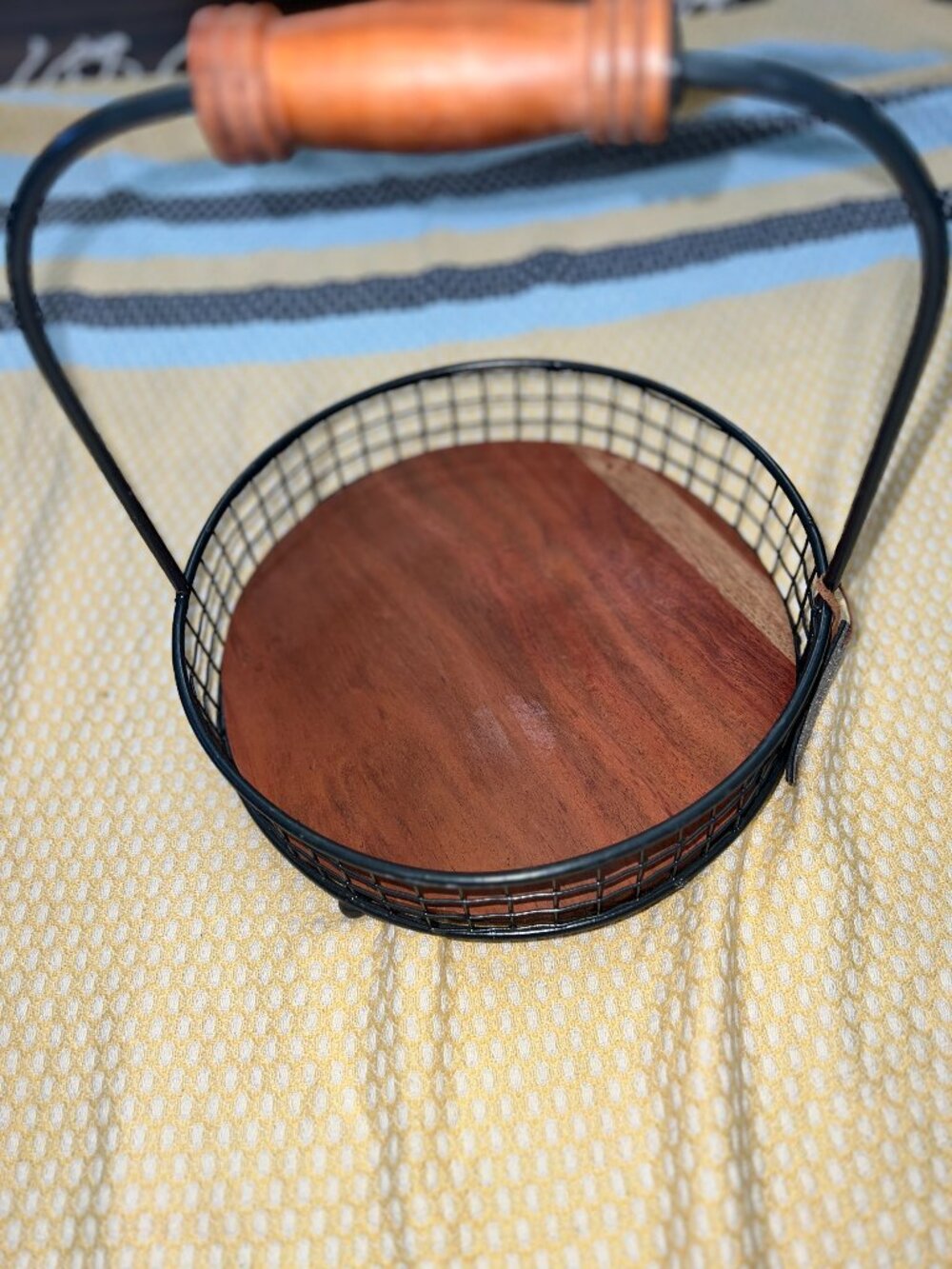 Round Wood & Black Wire Decorative Display Tray Basket with Handle
